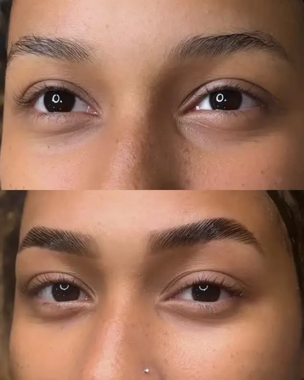 Antes e depois de uma Brow Lamination feita por aluna